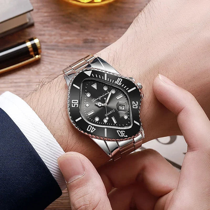 Stylish men's wristwatch with a unique warp dial, stainless steel band, & accurate quartz movement.
