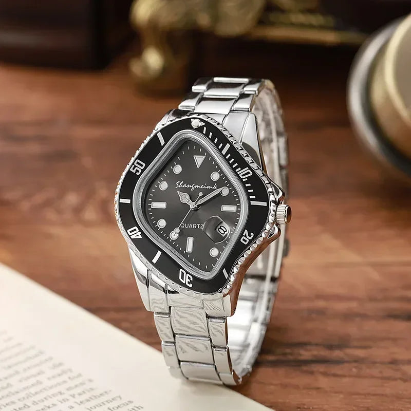 Luxury men's stainless steel watch, close-up of the eye-catching warp dial. Fashion statement.