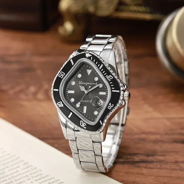 Luxury men's stainless steel watch, close-up of the eye-catching warp dial. Fashion statement.