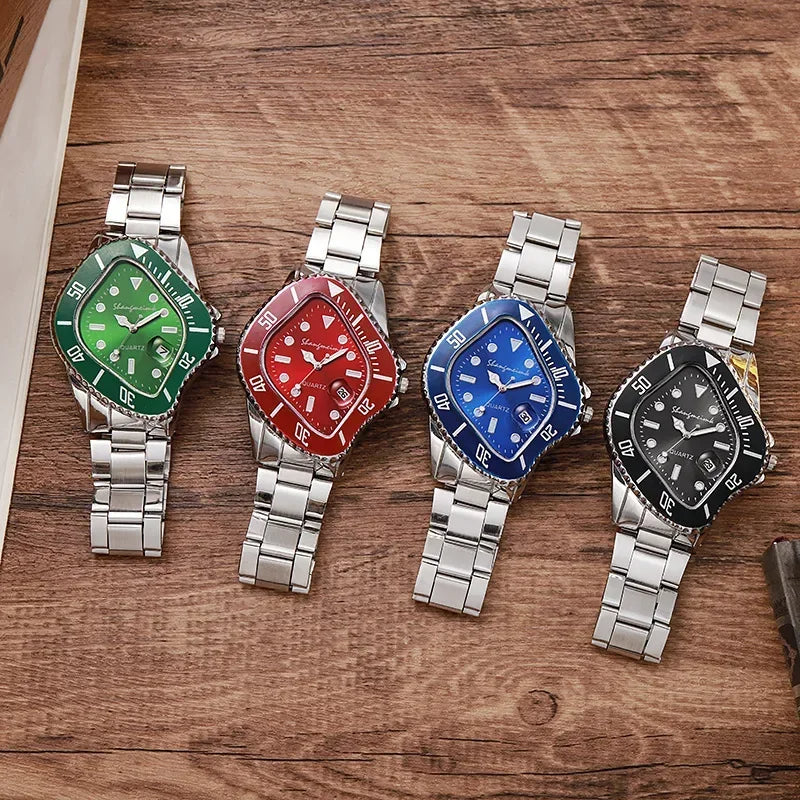 Men's durable stainless steel quartz watch. Featuring a distinctive and unique warp dial.