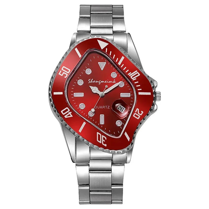 Distinctive men's watch: warp dial, stainless steel case & band, quartz movement. Men's accessory.