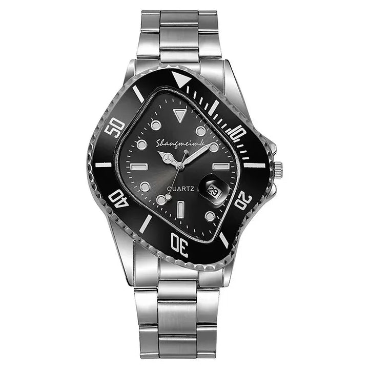 Men's stainless steel wristwatch. Unique warp dial face. Water-resistant and stylish.