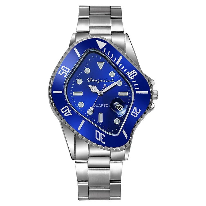 Front view of a men's luxury stainless steel watch with an innovative warp dial design.