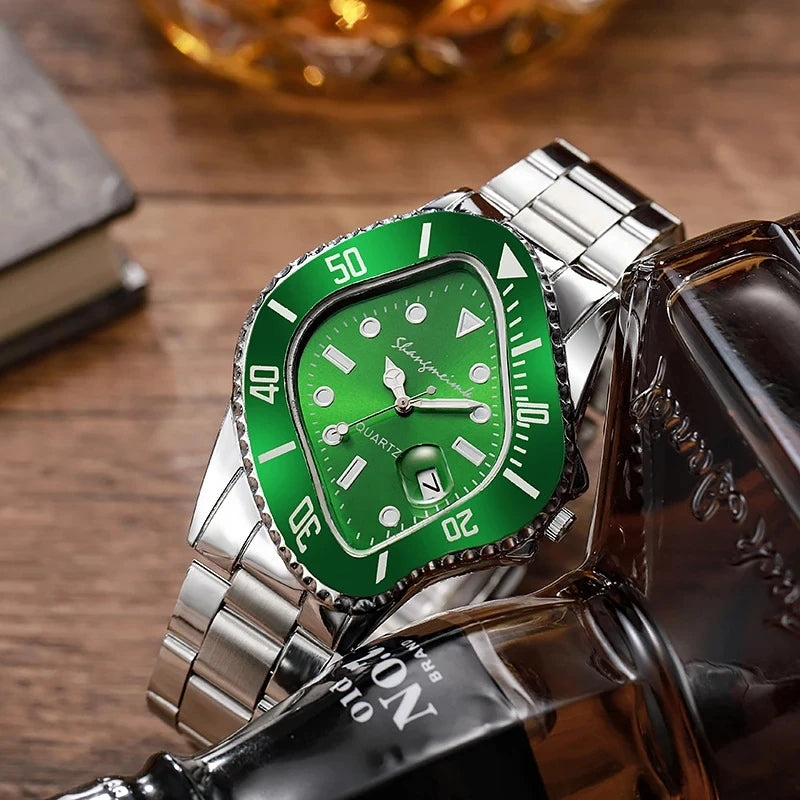 Men's stainless steel wristwatch with unique warp dial design. Water-resistant quartz movement.