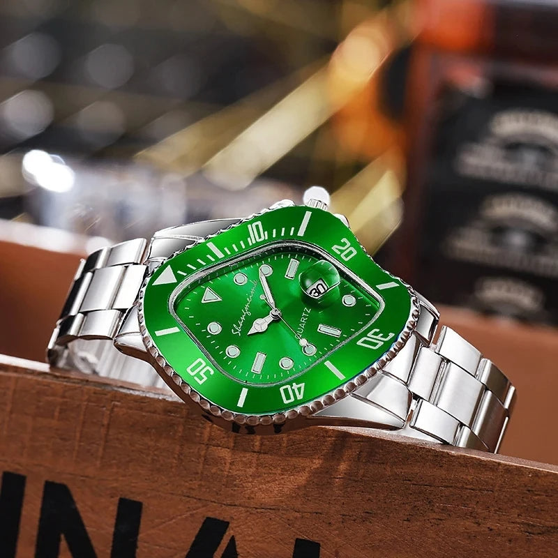 Elegant men's watch: distinctive warp dial, polished stainless steel case, luxury fashion statement.