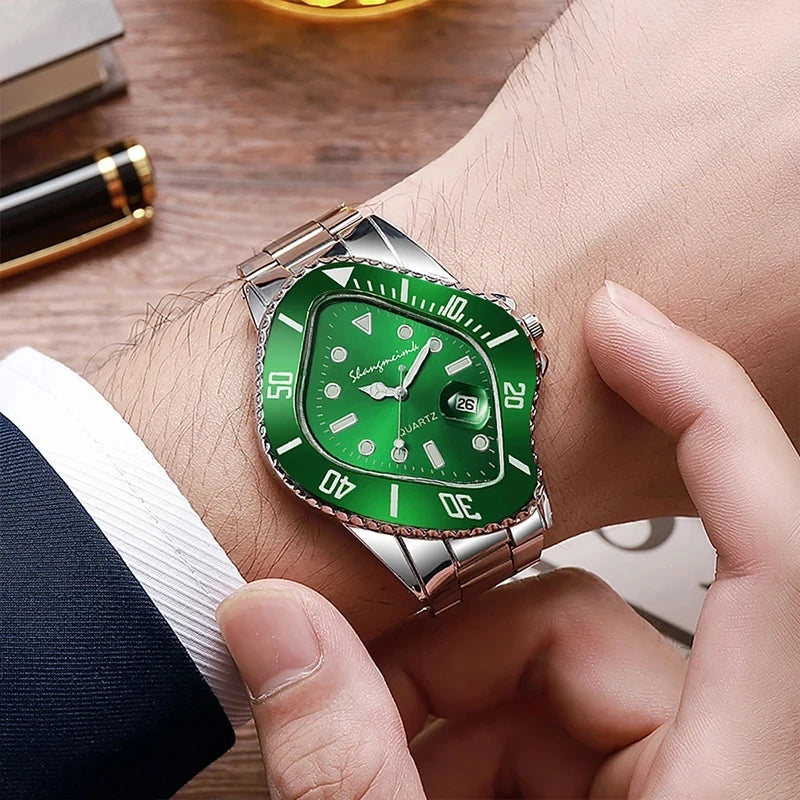 Modern men's quartz watch. Stainless steel band, striking warp dial, ideal for daily wear.