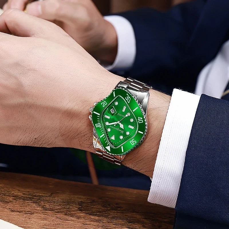 View of a men's luxury watch featuring a unique warp dial & durable stainless steel construction.
