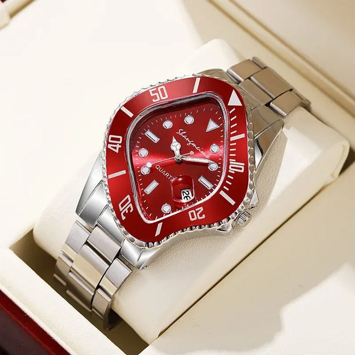 Men's fashion watch with a statement warp dial and a sleek stainless steel bracelet. Water resistant.