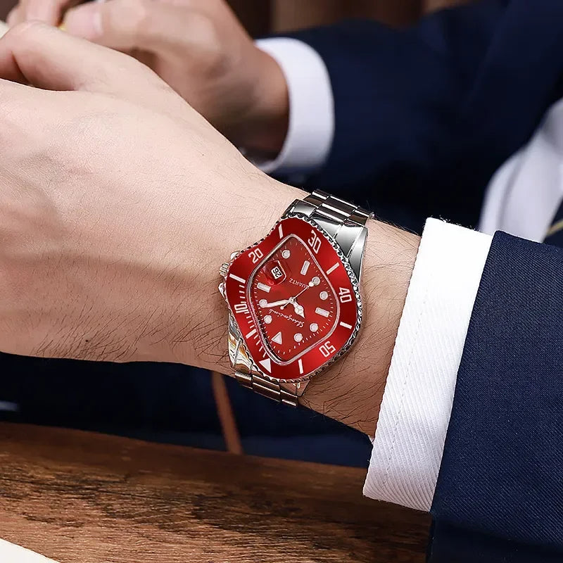 Distinctive men's stainless steel watch. Unique warp dial. High-quality quartz movement.