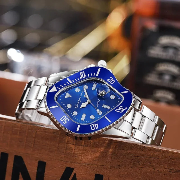 Men's accessory: luxurious stainless steel quartz watch with a standout warp dial.