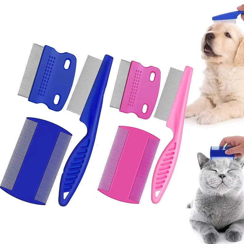 Ergonomic pet flea comb with blue handle, ideal for dog & cat grooming and parasite removal