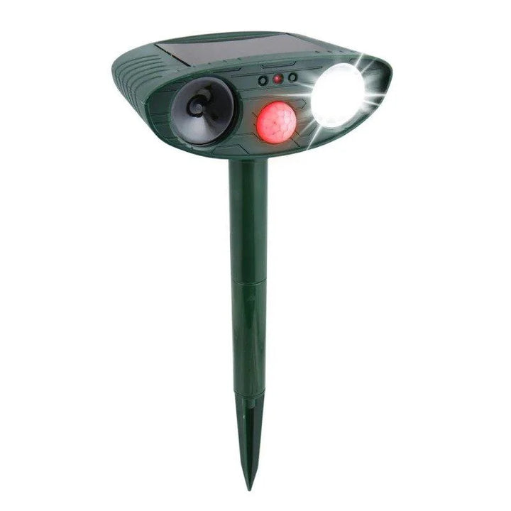 Side view of the solar-powered deer repeller, showing stake for easy garden placement.