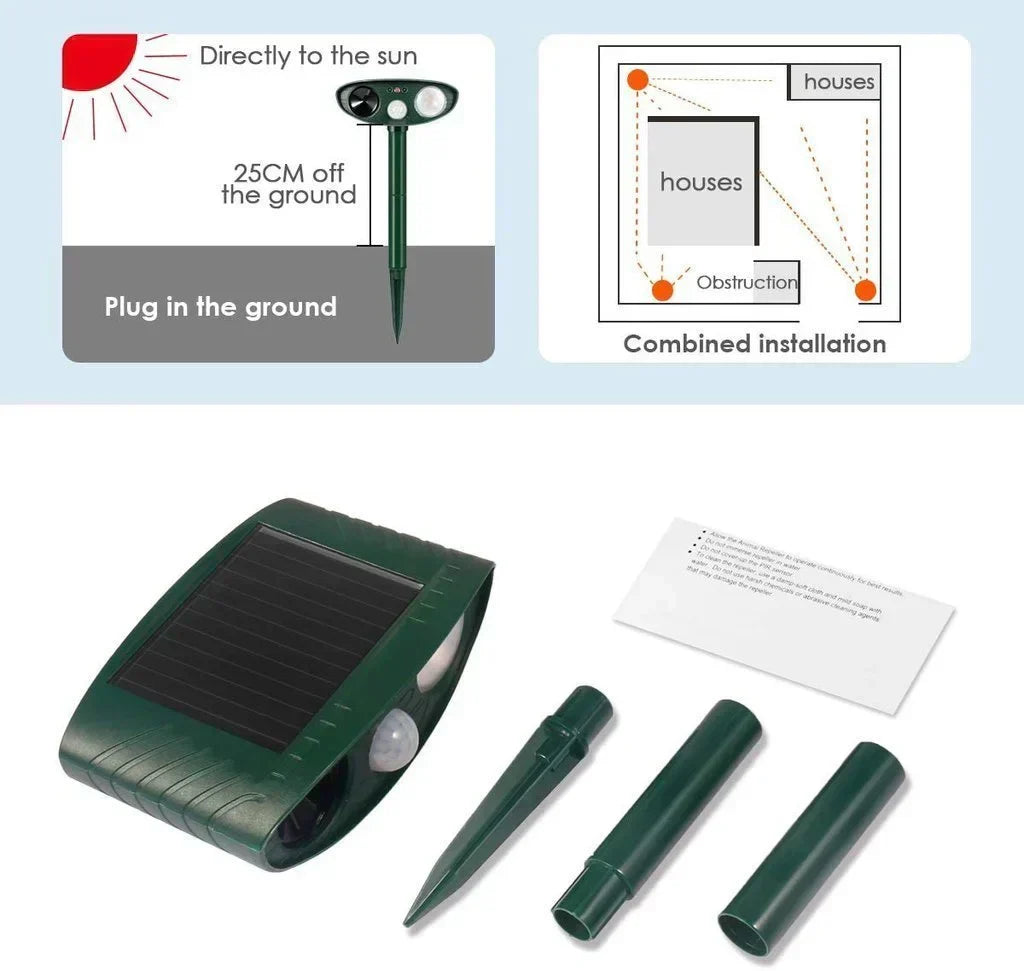 Weather-resistant solar deer repeller, designed for continuous outdoor pest control.