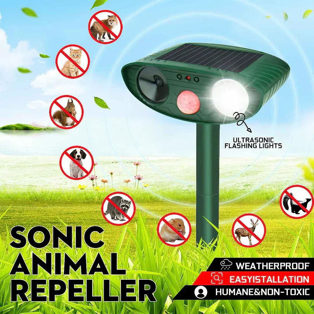 Deer repeller installed in a garden bed, deterring pests with humane ultrasonic waves.