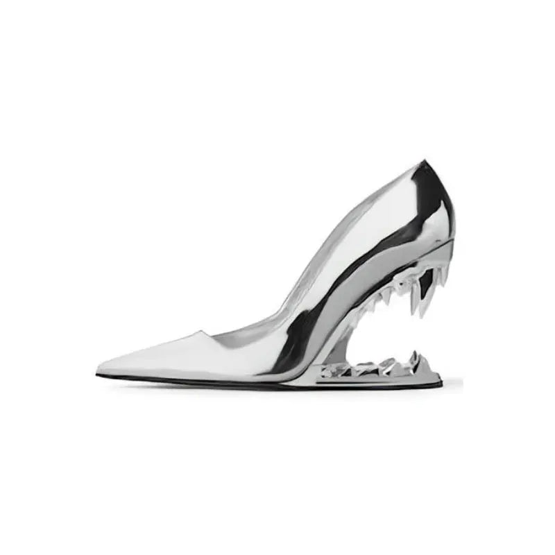 Side profile of unique women's tiger fang heels, a bold & striking choice for evening and party fashion.
