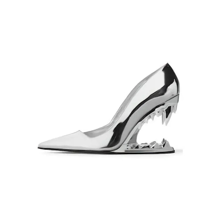 Side profile of unique women's tiger fang heels, a bold & striking choice for evening and party fashion.
