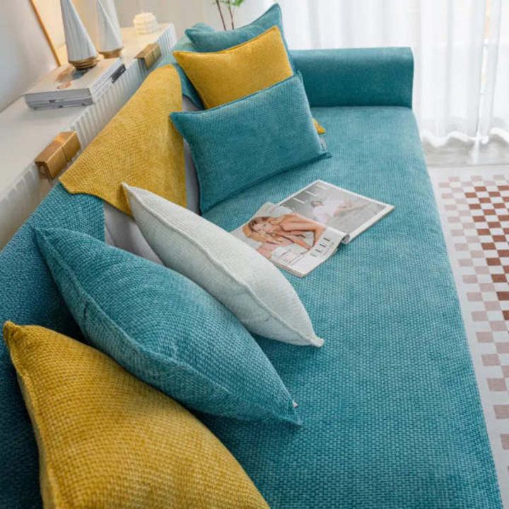 Close-up of cloud woven velvet sofa cover, highlighting its thick texture and non-slip backing.