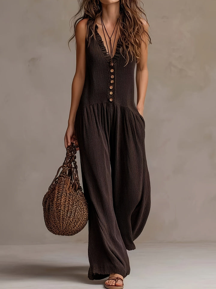 Bohemian coffee brown wide leg jumpsuit, women's, with smocked waist & ruffle V-neck, perfect for vacation.