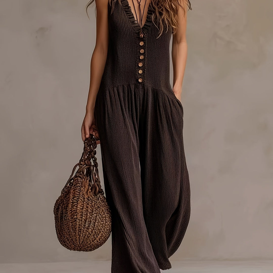 Women's coffee brown wide leg jumpsuit, a summer bohemian style with ruffle V-neck, smocked waist, and button front.