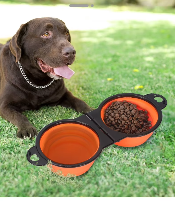Collapsible adjustable double pet feeding bowl for travel, silicone portable dog food & water dish