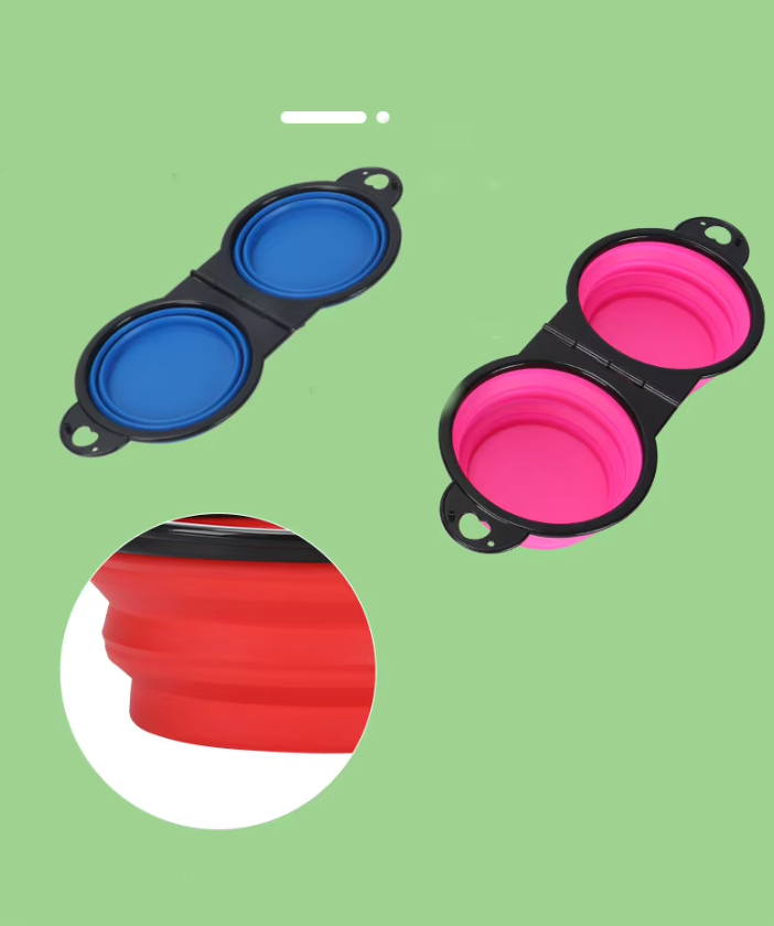 Versatile pet accessory: collapsible adjustable double dog bowl, silicone portable food & water dish