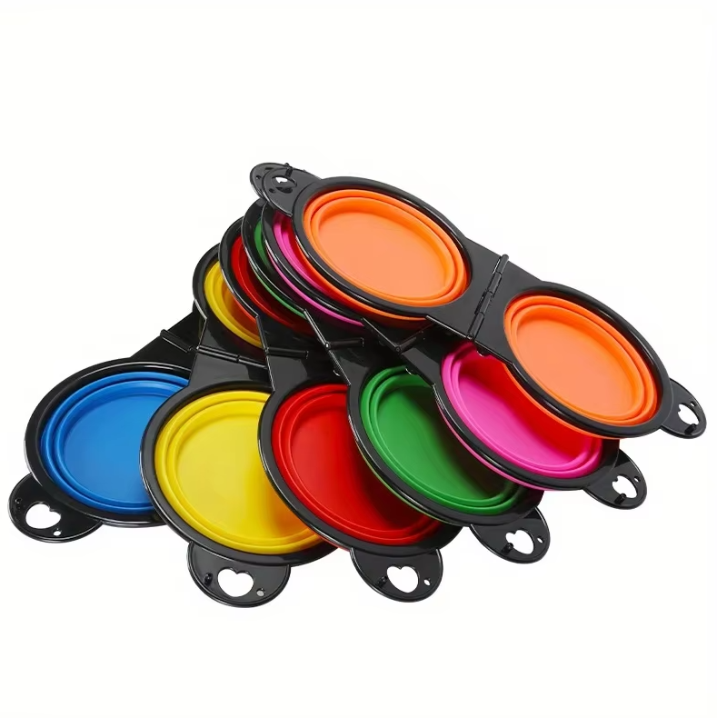 Portable pet feeding solution: collapsible double dog bowl, adjustable height for food & water