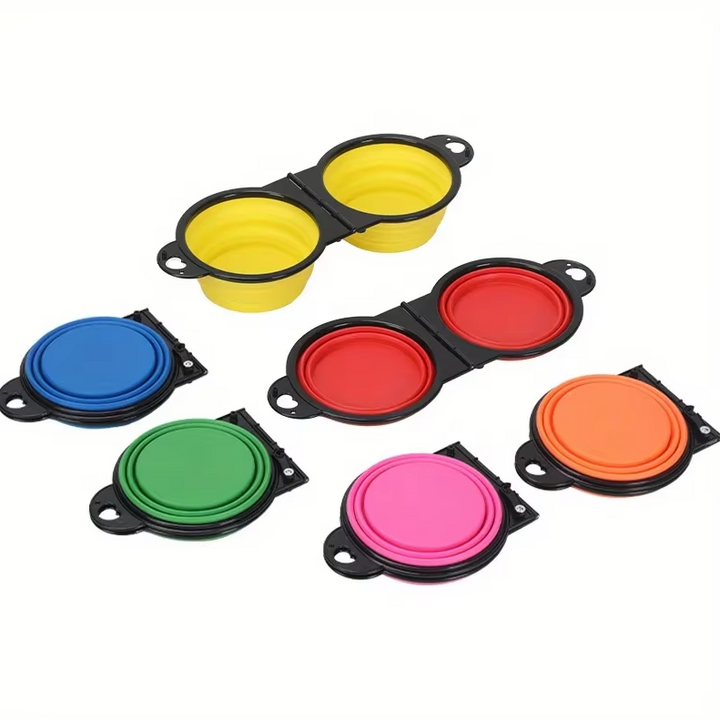 Silicone portable pet bowl, double collapsible design for dog food and water, adjustable travel gear