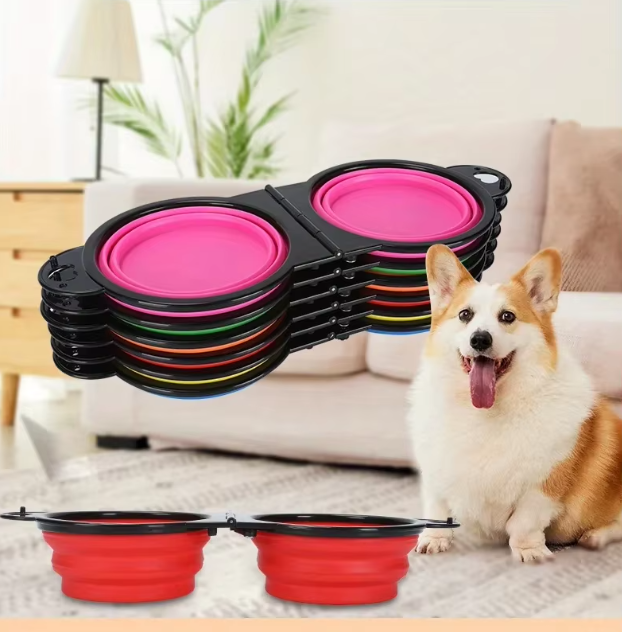 Adjustable double pet feeding bowl, collapsible silicone dog accessory for travel and outdoor use