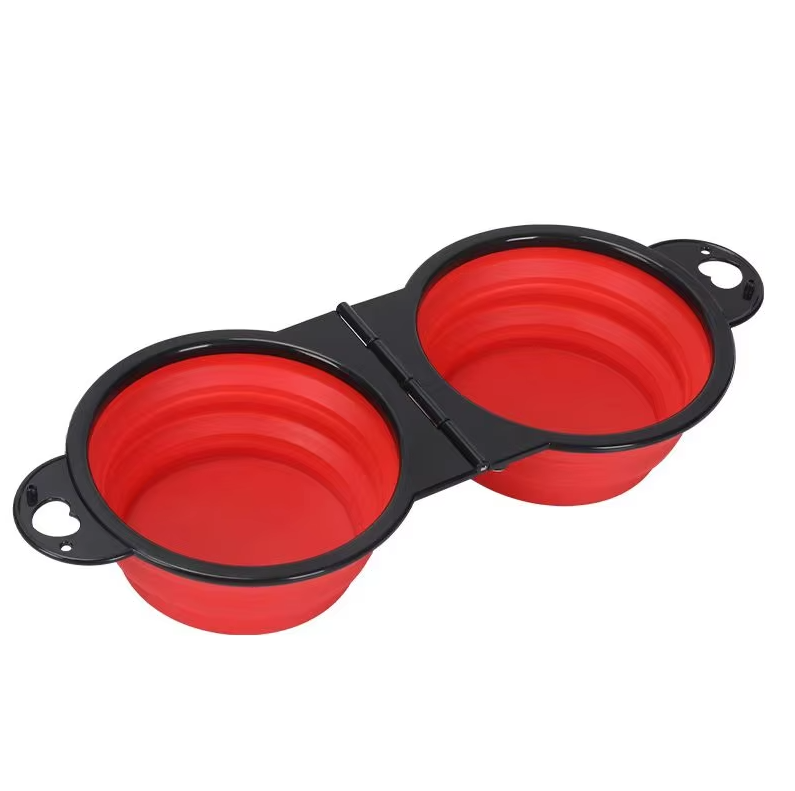 Outdoor pet gear: collapsible double dog bowl, adjustable for feeding & watering, portable silicone