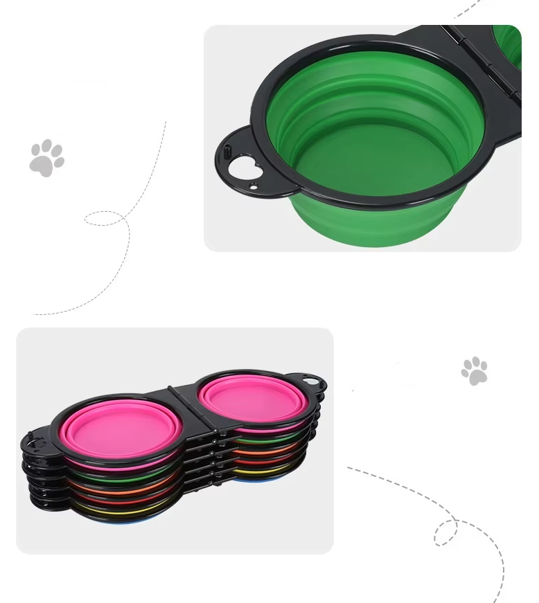 Space-saving pet feeding bowl, adjustable double collapsible design for dogs, food & water travel