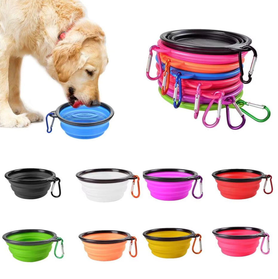 Portable dog food and water bowl, red silicone, collapsible with attached silver carabiner
