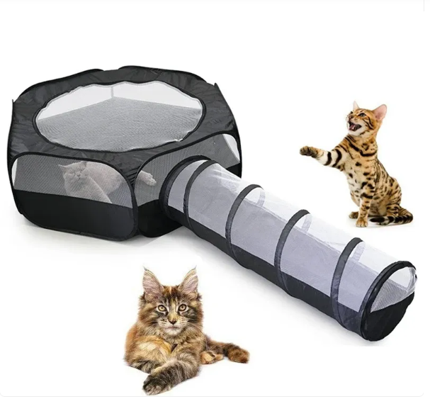 Collapsible cat play tunnel & scratching house, a cozy pet accessory with a soft bed and scratching surface.