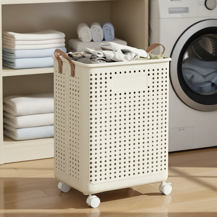 Collapsible wheeled laundry basket in cream, large capacity for easy household dirty clothes transport.