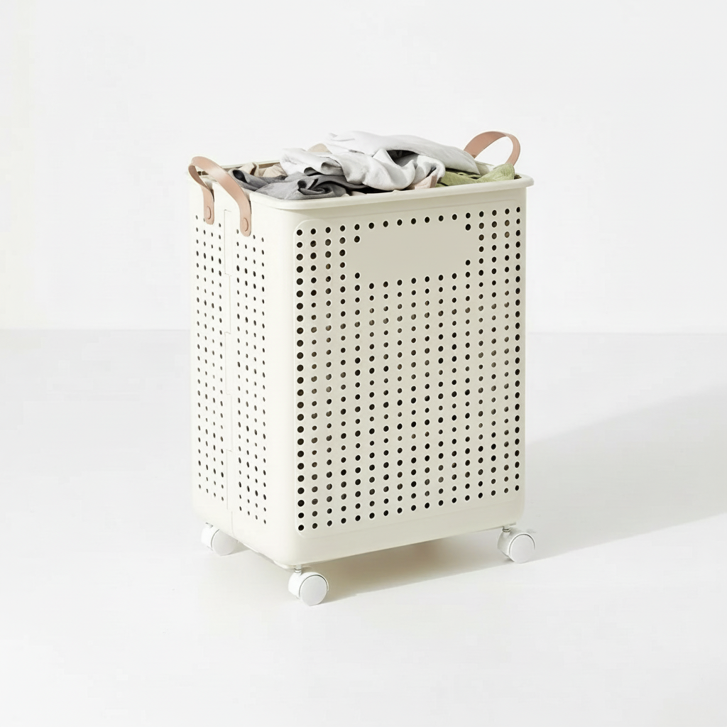 Movable wheeled utility cart for laundry day, cream collapsible design, great for home organization.