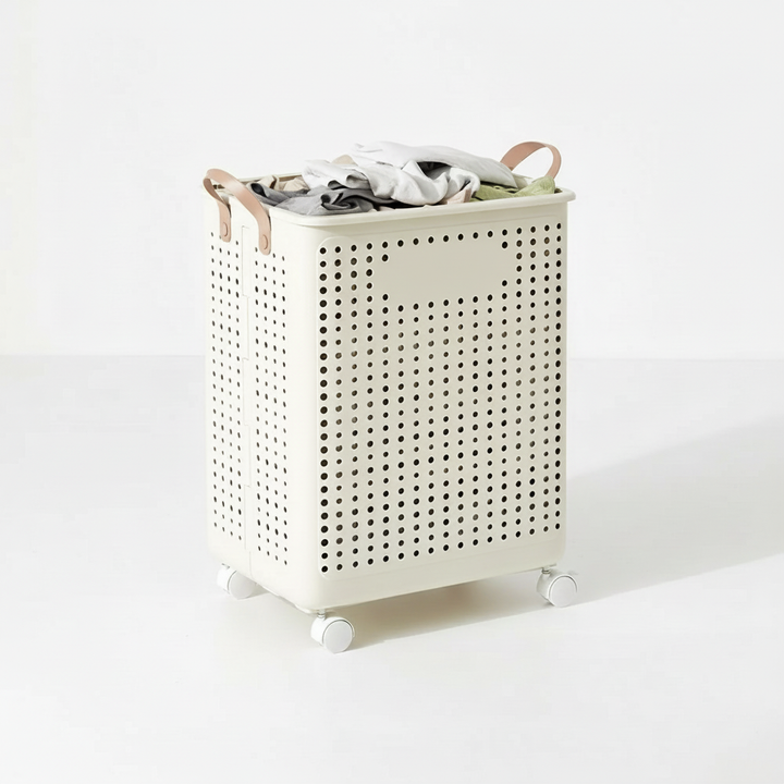 Movable wheeled utility cart for laundry day, cream collapsible design, great for home organization.