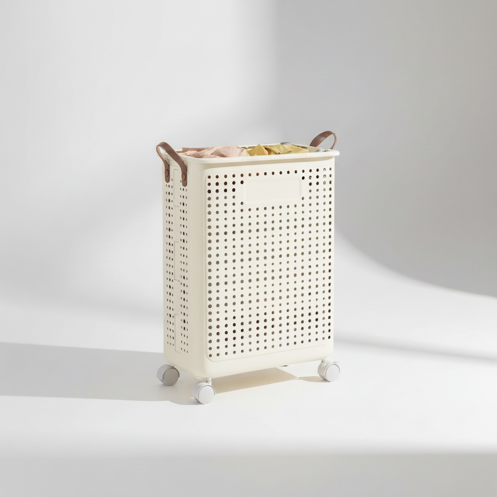 Cream wheeled laundry basket, collapsible & movable, simplifies dirty clothes transport and home organization.