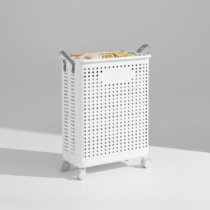 Large capacity white collapsible laundry basket on wheels, perfect for household laundry day.