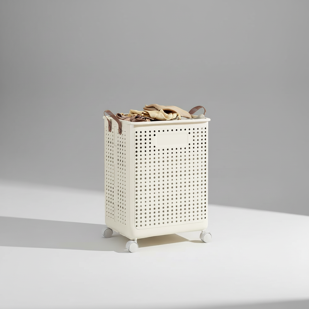 Easy-glide wheeled laundry basket, collapsible cream design, efficient laundry sorter for home.