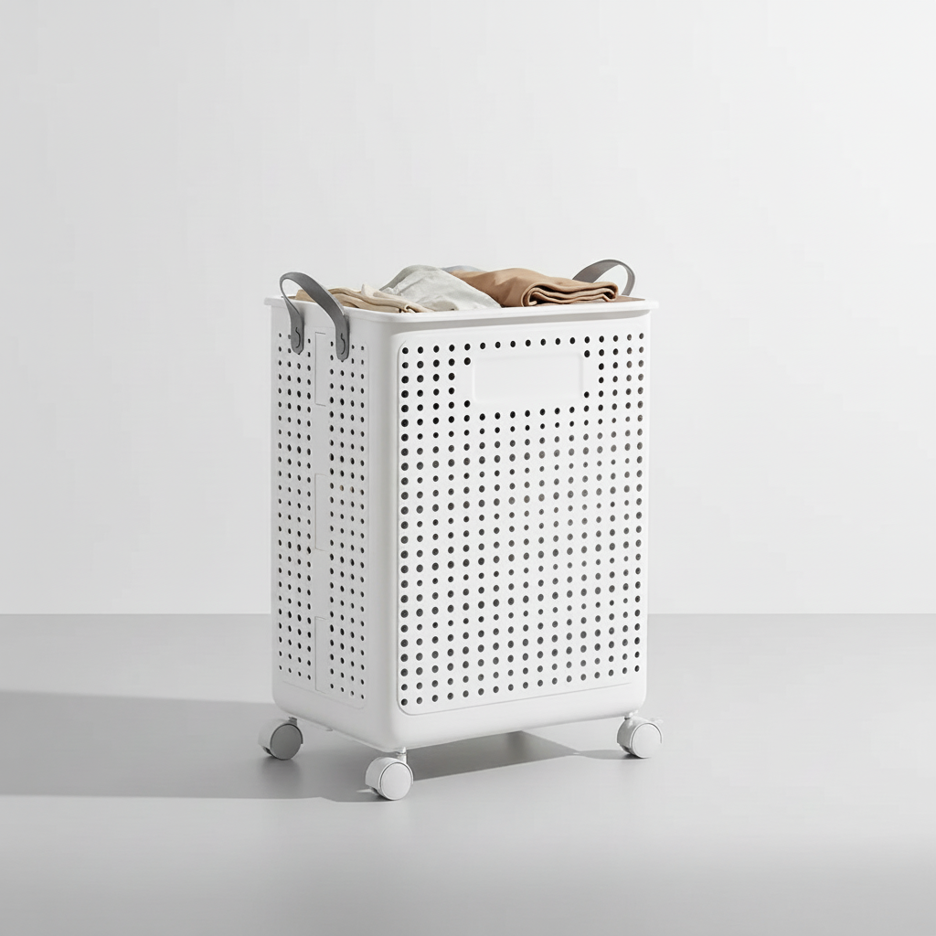 Collapsible wheeled laundry hamper, cream, large capacity, for convenient household laundry sorting.