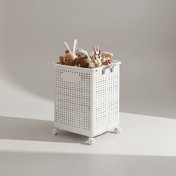 White collapsible laundry basket with wheels, space-saving design, makes laundry day effortless.
