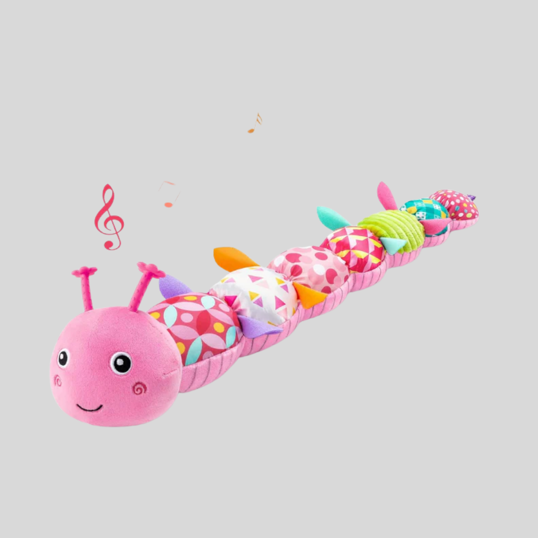 Colorful baby caterpillar plush rattle toy for infants, soft sensory developmental newborn gift & nursery decor.