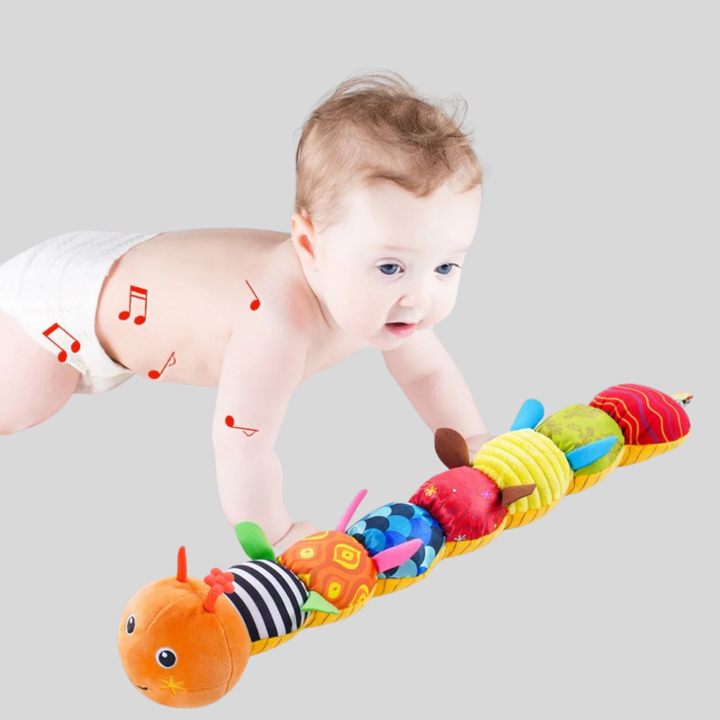 Soft plush caterpillar baby rattle toy with vibrant colors, perfect sensory infant developmental toy & newborn gift.