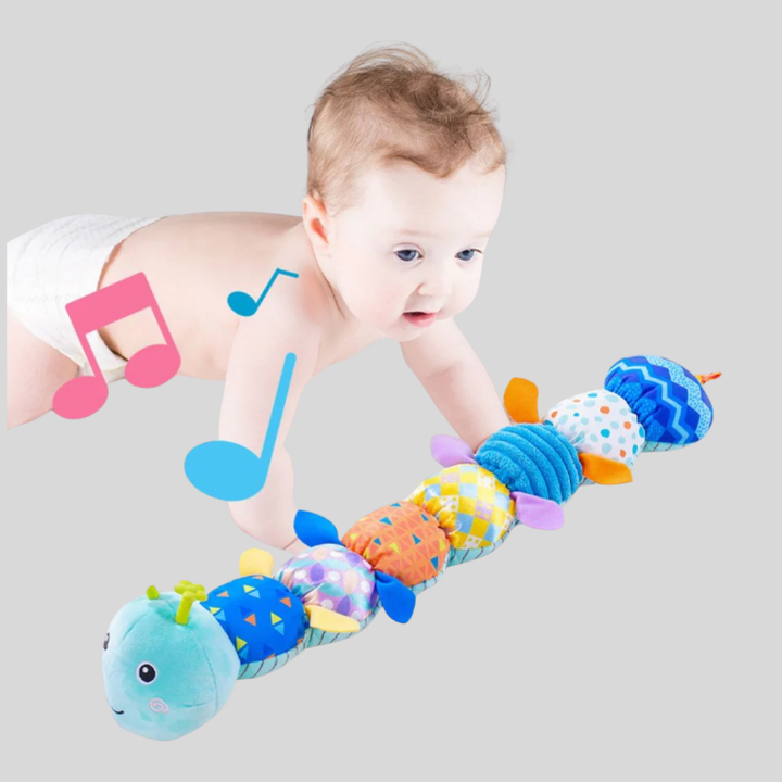 Adorable multi-colored caterpillar plush rattle for babies, a soft sensory toy & delightful nursery decor gift.