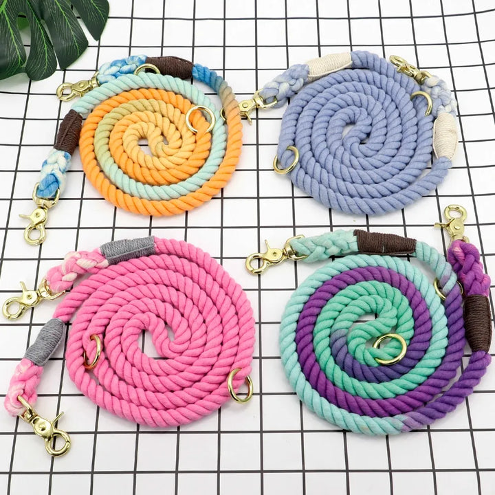 Durable and colorful cotton rope dog leash with heavy-duty snap hook for safe pet walks; a great dog owner gift.