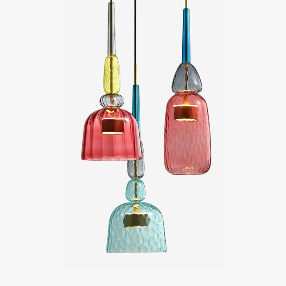 Colorful glass pendant light fixture, modern style. Ideal for kitchen & dining rooms.