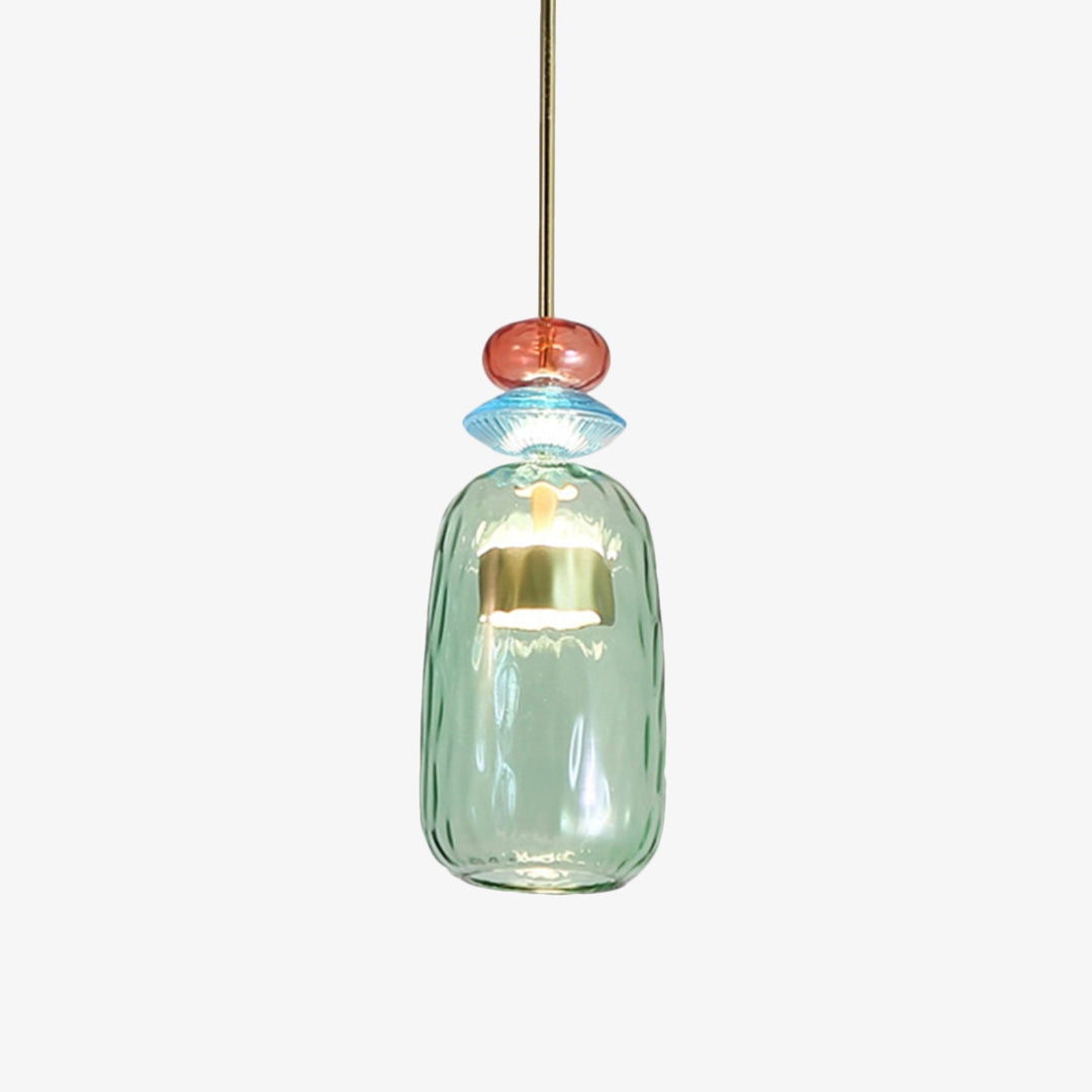 Colorful glass LED pendant light. Modern ceiling fixture, ideal for kitchen islands or dining tables.