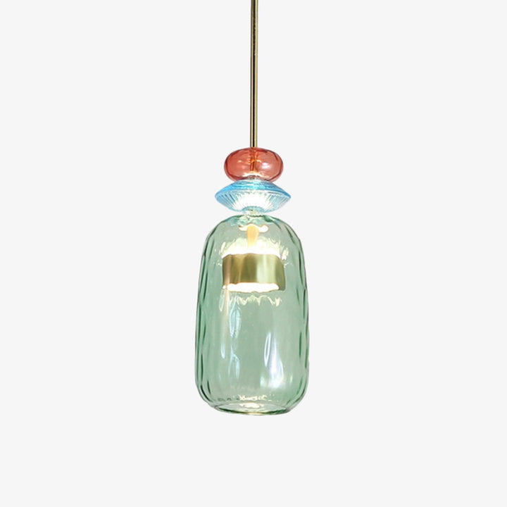 Colorful glass LED pendant light. Modern ceiling fixture, ideal for kitchen islands or dining tables.