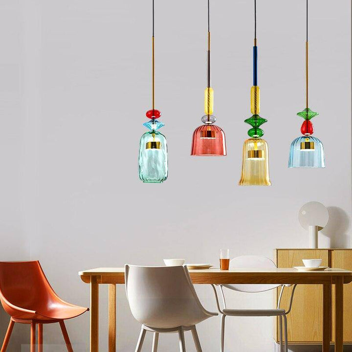 Stylish Sofia colorful glass pendant light. Modern LED ceiling fixture for home decor.