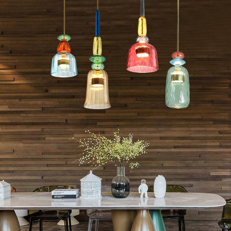 Vibrant multi-color glass pendant lamp. Adds a contemporary touch to living room lighting.