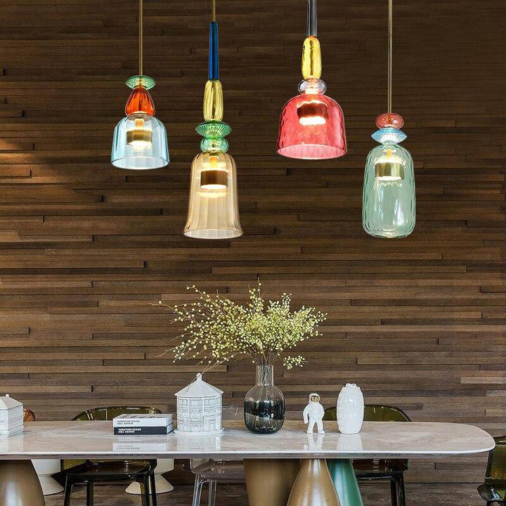 Vibrant multi-color glass pendant lamp. Adds a contemporary touch to living room lighting.